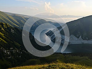 The lake Kezenoy-Am at sunset time, The Caucasus Mountains, Chechen Republic Chechnya, Russia