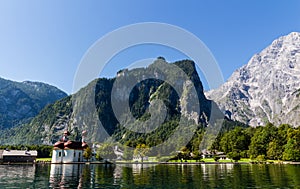 Lake Konigsee in Summer with St. Bartholomew church, Alps, Germany