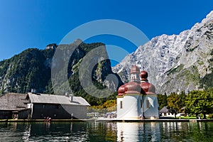Lake Konigsee in Summer with St. Bartholomew church, Alps, Germany
