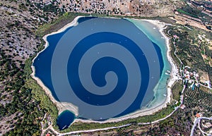 Lake Kournas. Drone photography contest. Island of Crete, Greece, near the village of Kournas