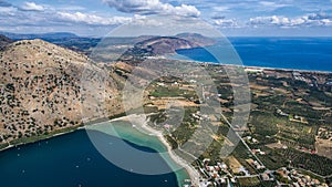 Lake Kournas. Drone photography contest. Island of Crete, Greece, near the village of Kournas