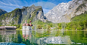 Lake KÃÂ¶nigssee with St. BartholomÃÂ¤ pilgrimage chapel in summer, Bavaria, Germany photo