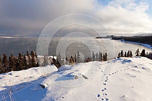 Lake Laberge Yukon ice fogs before freezing over