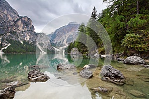 Lake - Lago di Braies in Dolomiti Mountains photo