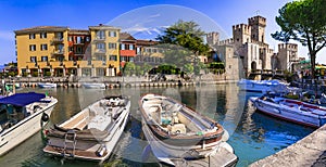 Lake Lago di Garda . view of Sirmione town and medieval castle Scaligero