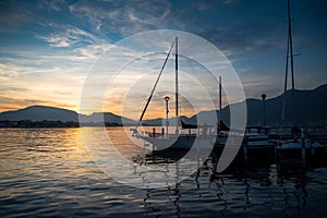 Lake lago Iseo, Lombardy, Italy. Town of Iseo harbour