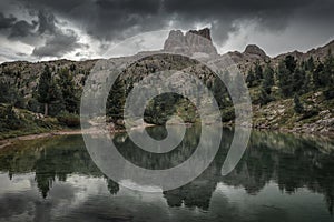 Sul Alpi alberi un montagna rispecchiamento sul Acqua superficie durante nuvoloso 