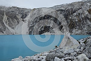 Lake Laguna 69 and Chakraraju mountain are situated in the Huascaran National Park in the Andes of Peru