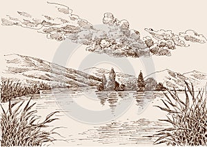 Lake landscape sketch, water vegetation