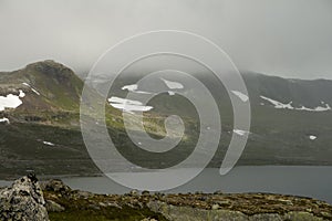 Lake landscape with snowcapped mounutains in background