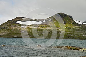 Lake landscape with snowcapped mounutains in background