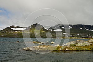 Lake landscape with snowcapped mounutains in background