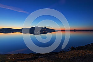 Lake landscape after sunset. Novomlynska reservoir - lower with a view of Palava