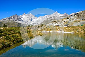 Lake Leisee with view to the Matterhorn mountain in beautiful landscape of the Alps at Zermatt, Switzerland