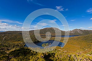 Lake Lilla and Dove Lake surrounded by green mountains at Cradle