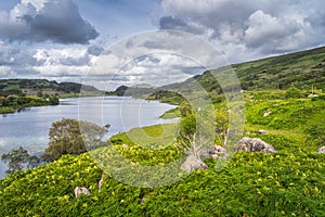 Lake, Looscaunagh Lough surrounded by hills of Molls Gap