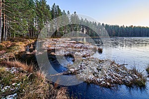 a lake and a lot of snow on the ground in a wooded area