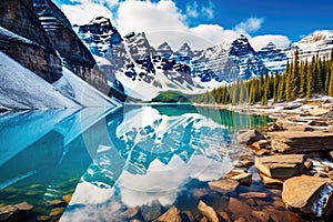 Lake Louise in Banff National Park, Alberta, Canada. This is the largest freshwater lake in the world, Moraine lake panorama in