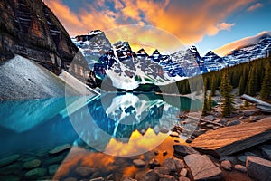 Lake Louise in Banff National Park, Alberta, Canada, at sunset, Taken at the peak of color during the morning sunrise at Moraine