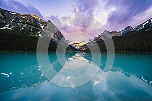 Lake Louise in Banff National Park at sunrise in summer