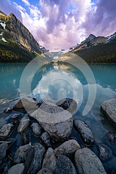 Lake Louise in Banff National Park at sunrise in summer