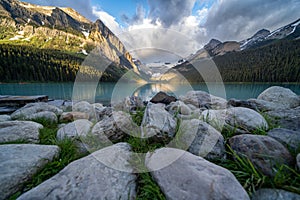 Lake Louise in Banff National Park at sunrise in summer