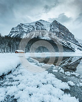 Lake Louise cabin, Banff National Park, Canadian Rockies, Winter season, beautiful landscape,Travel Alberta, Canada,frozen scenery