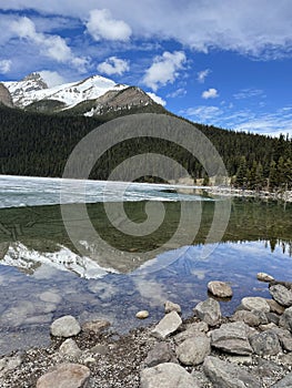 Lake Louise Lake in Banff National Park still frozen