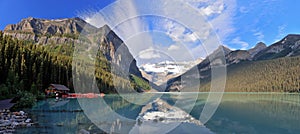 Lake Louise Landscape Panorama with Canadian Rocky Mountains in Morning Light, Banff National Park, Alberta