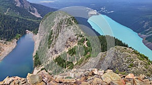 Lake Louise and Mirror Lake from peak of Devil's Thumb