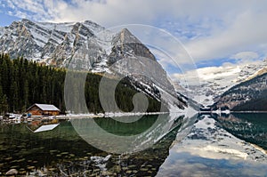 Lake Louise with rocky mountain reflection in the Banff National Park, Canada