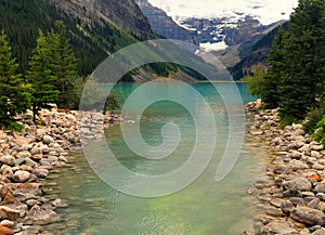 Lake Louise Shore With Boulder Stones In The Foreground Banff National Park