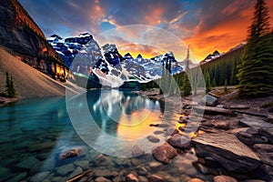 Lake Louise at sunset, Banff National Park, Alberta, Canada, Moraine Lake Sunrise Colorful Landscape, AI Generated