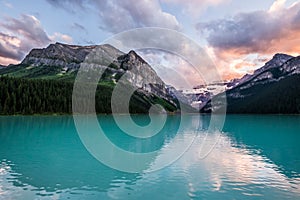 Lake Louise at sunset in Banff National Park, Canada