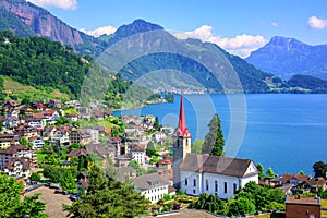 Lake Lucerne and Alps mountains by Weggis, Switzerland photo