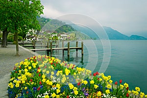 Lake Lucerne, Switzerland. Weggis wooden piers