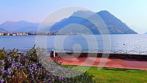 Lake Lugano and Monte Bre from Riva Paradiso embankment, Lugano, Switzerland