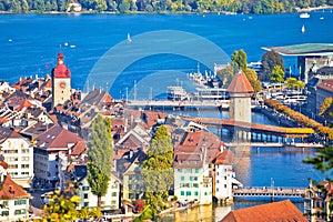 Lake Luzern and town of Lucerne cityscape view from above