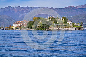 Lake Maggiore at Stresa, view over the lake to Isola Bella - island Bella in Italy