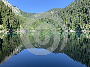 Lake Malaya Ritsa in summer in sunny weather, Abkhazia