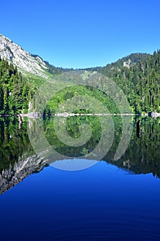 Lake Malaya Ritsa in summer in sunny weather, Abkhazia