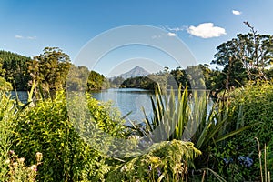 Lake Mangamahoe scenic view with Mt Taranaki in the background