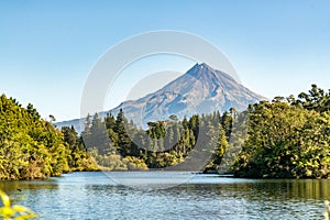 Lake Mangamahoe view with volcanic Mt Taranaki in the background