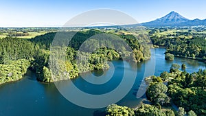 Lake Mangamahoe view with volcanic Mt Taranaki in the background