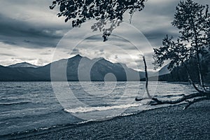 Lake McDonald, Glacier National Park, Montana. Black and white.