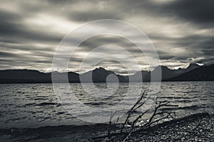 Lake McDonald, Glacier National Park, Montana. Black and white. Overcast sky.