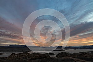 Lake Mead National Recreation Area surrounded by mountains during sunset, Las Vegas, Nevada