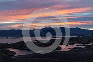 Lake Mead National Recreation Area surrounded by mountains during sunset, Las Vegas, Nevada