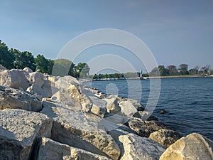 Lake Michigan shoreline in Chicago near Montrose Harbor. Urban landscape.