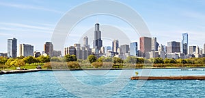 Lake Michigan waterfront with Chicago panorama on a sunny day, USA